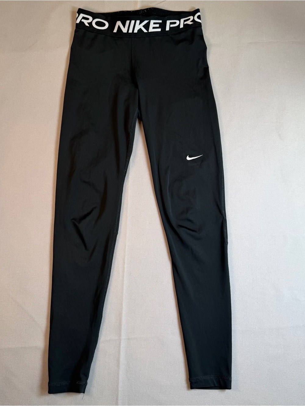 Nike Pro Women’s szS Black Leggings with White Swoosh & Logo Elastic Waistband